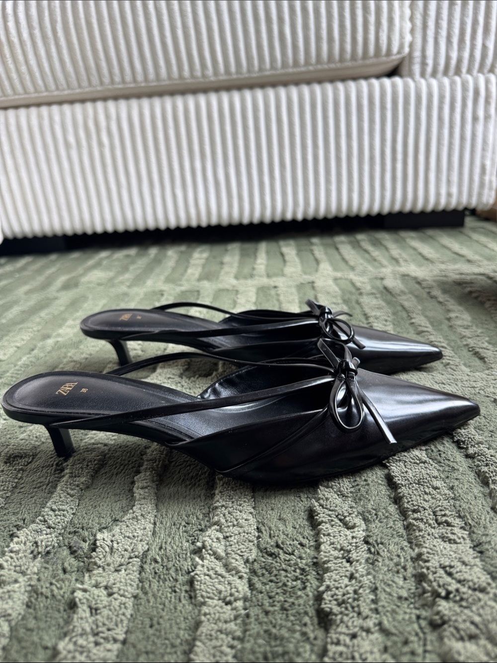 Zara Black Pointed Bow Slingback Mules - Picture 2 of 3